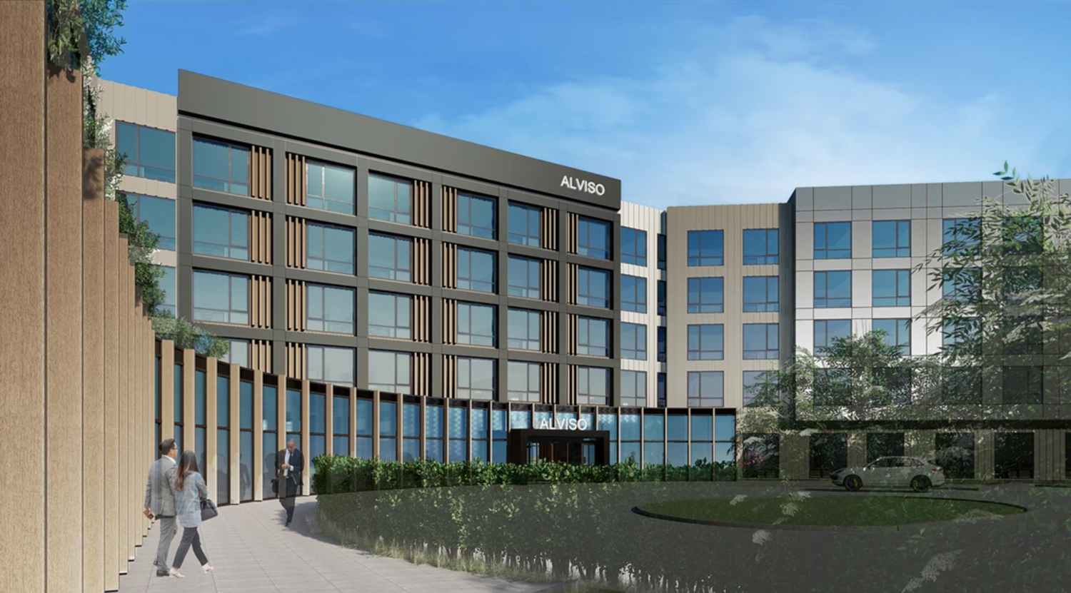 Alviso Hotel at 4701 North First Street entrance, rendering by CORBeL Architects