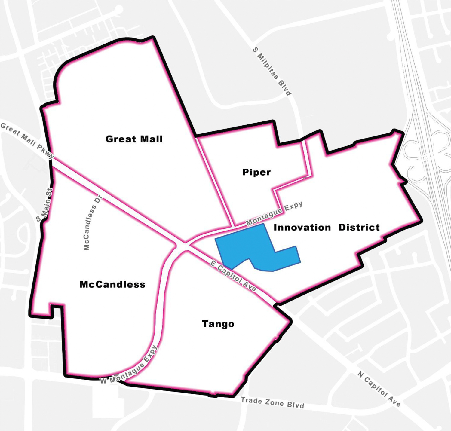 Milpitas Metro Specific Plan site map, illustration via the City of Milpitas