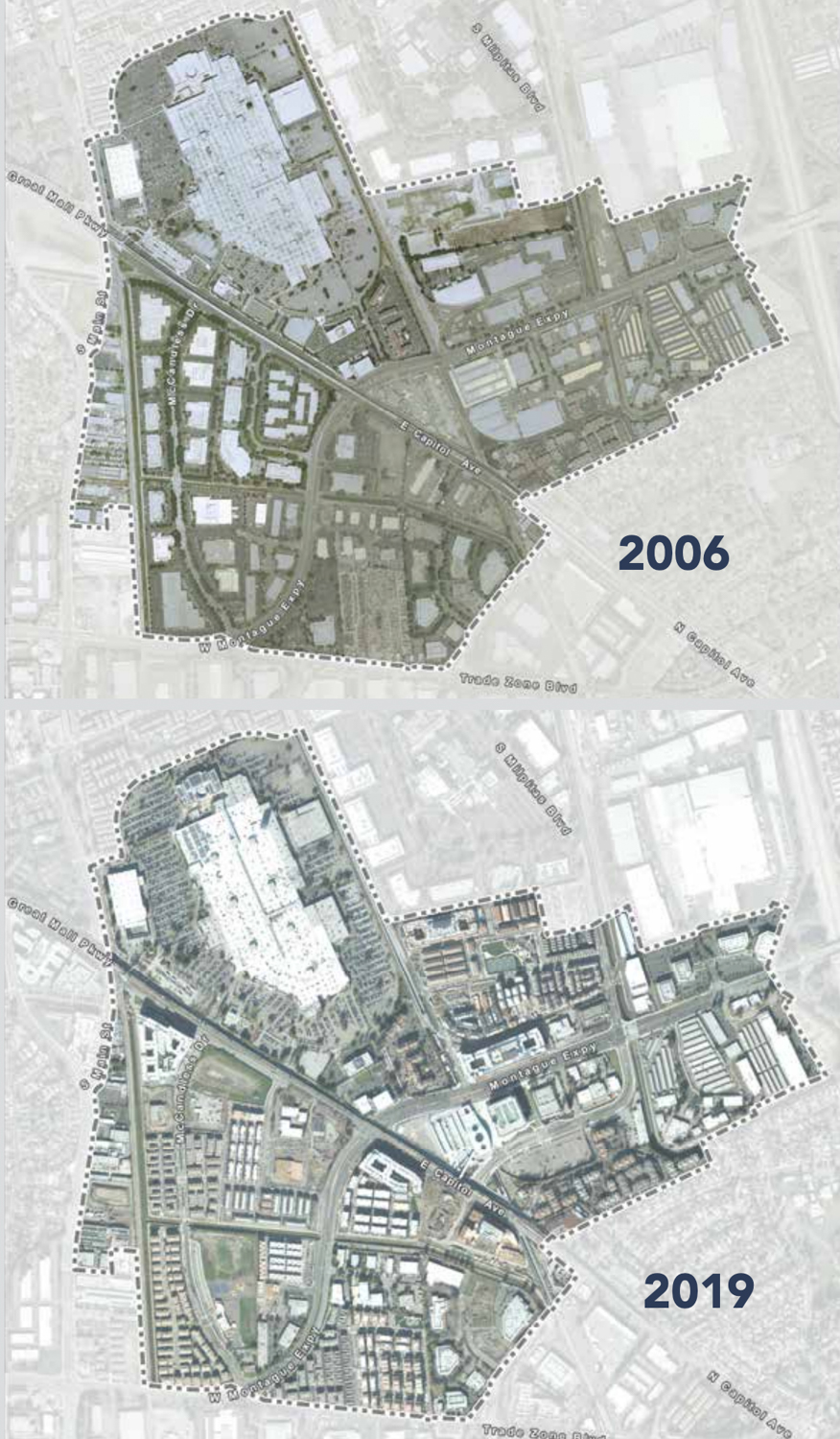 Milpitas Metro area comparison between 2006 and 2019 of construction progress, image via the City of Milpitas using Google Earth imagery