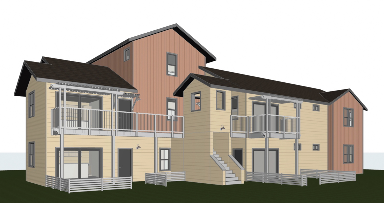 Mock-up of a multi-unit apartment building for Habitat Redwood Boulevard, rendering by Dorman Associates
