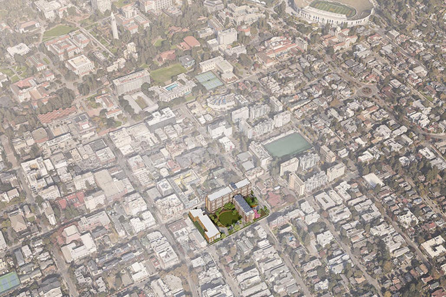 People's Park complex aerial view, image via UC Regent design by LMS Architects and Hood Design Studio