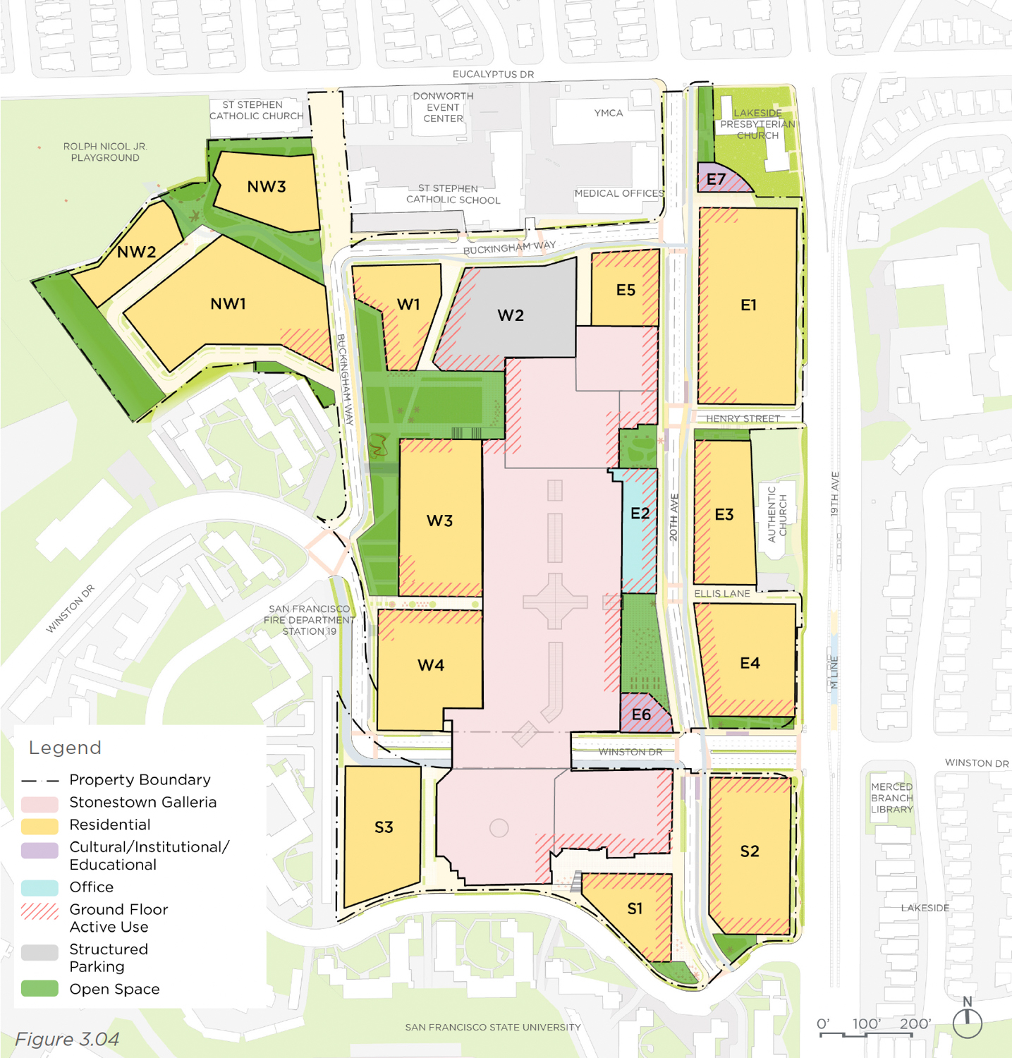 Stonestown Development Project Conceptual site map with building use colored in, illustration courtesy Brookfield