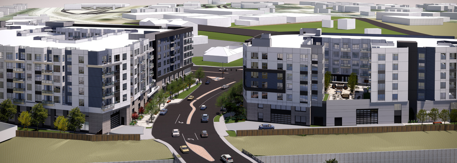 100 Produce Avenue and 124 Airport Boulevard aerial view looking east, rendering by TCA Architects