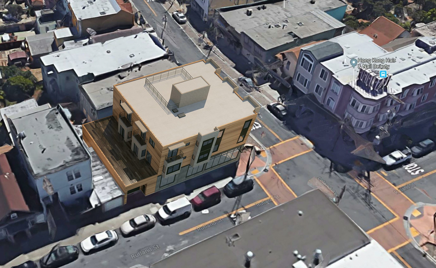 186-198 Leland Avenue aerial view showing off the rear-lot courtyard and bare rooftop deck, rendering by ICE Design Inc
