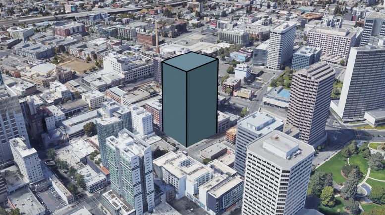 1919 Webster Street tower approximation, image via Google Satellite illustration by SFYIMBY