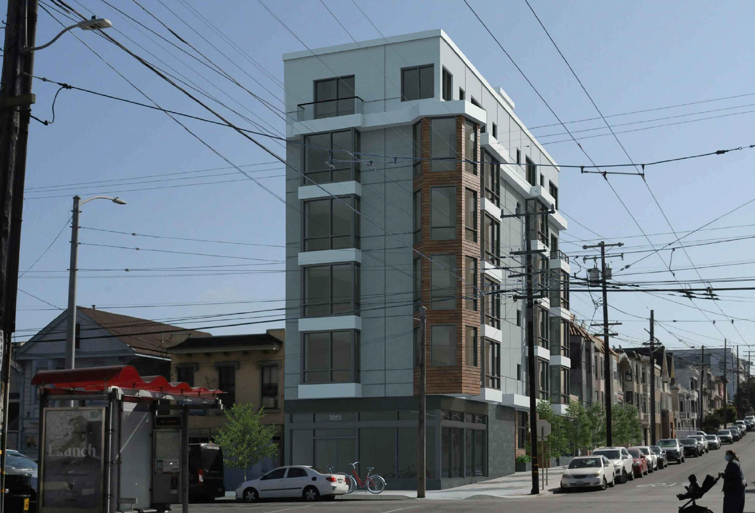 3055 Clement Street overlooking the Clement and 32nd Avenue intersection, rendering by Design Consultants Group