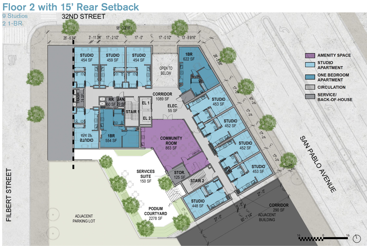 3135 San Pablo Avenue second-level floor plan with fifteen-foot setback considered, illustration by Leddy Maytum Stacy Architects