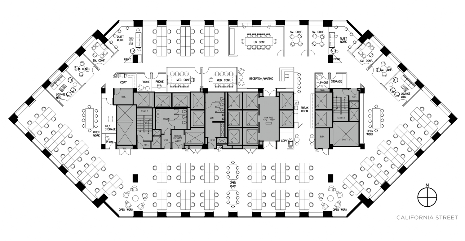 345 California Street hypothetical office floor plan, image via Cushman and Wakefield