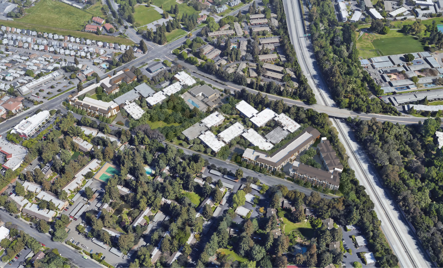 555 West Middlefield Road aerial overview with new buildings beside existing structures, rendering by BDE Architecture