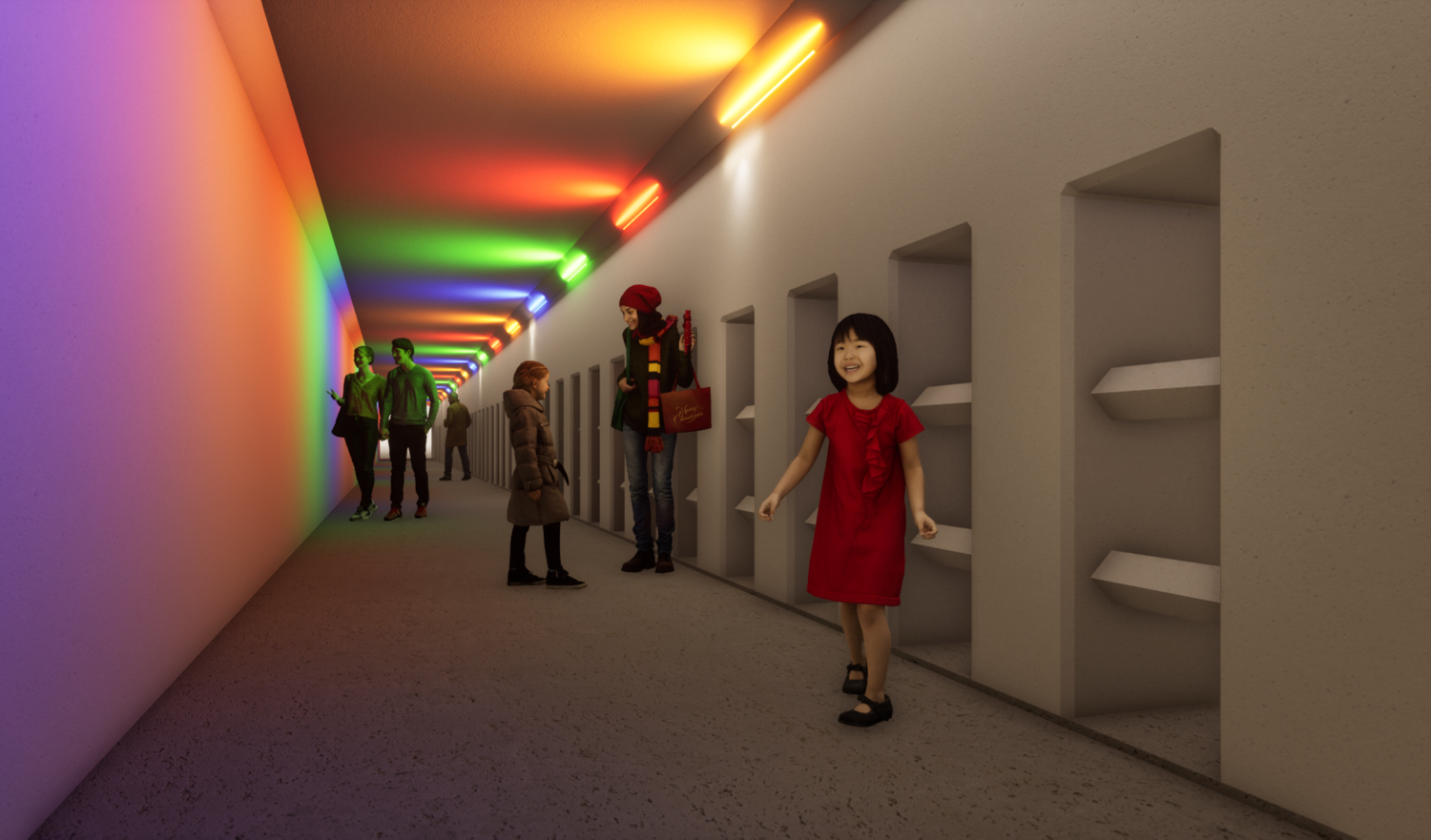 Caltrain pedestrian access Tunnel over Airport Boulevard, lighting example for 100 Produce Avenue and 124 Airport Boulevard, rendering by TCA Architects