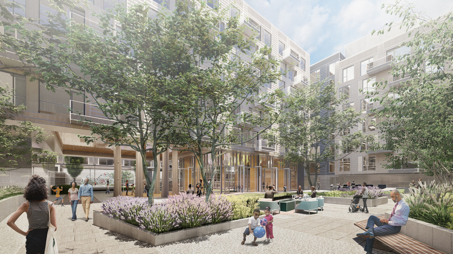 Freedom West plaza with surrounding housing, rendering by DLR Group