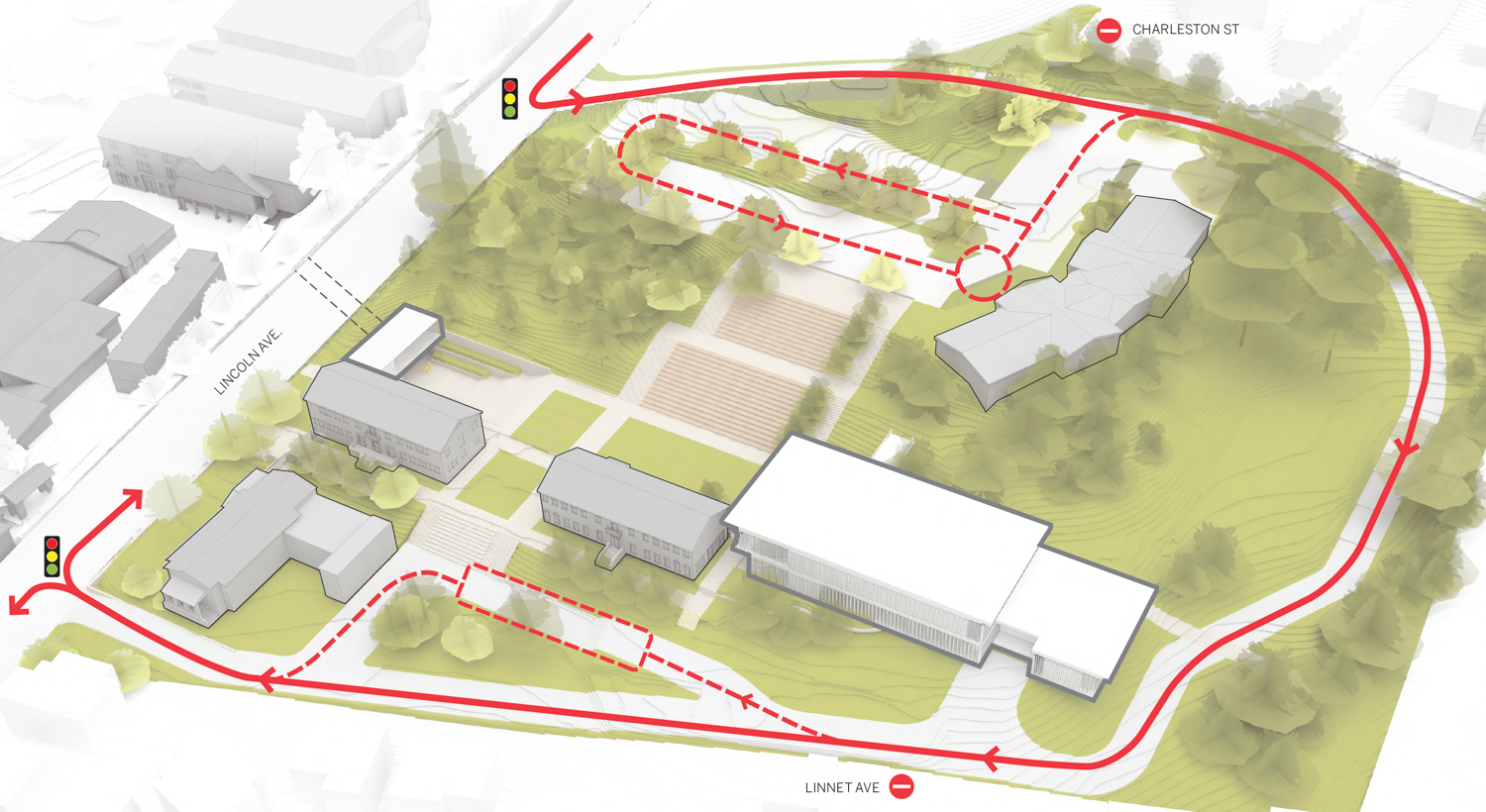Head-Royce south campus new traffic flow illustration, image from Skidmore, Owings and Merrill