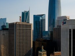 Millennium Tower aerial perspective between 77 Beale, 181 Fremont Street, the Salesforce Tower, and One California