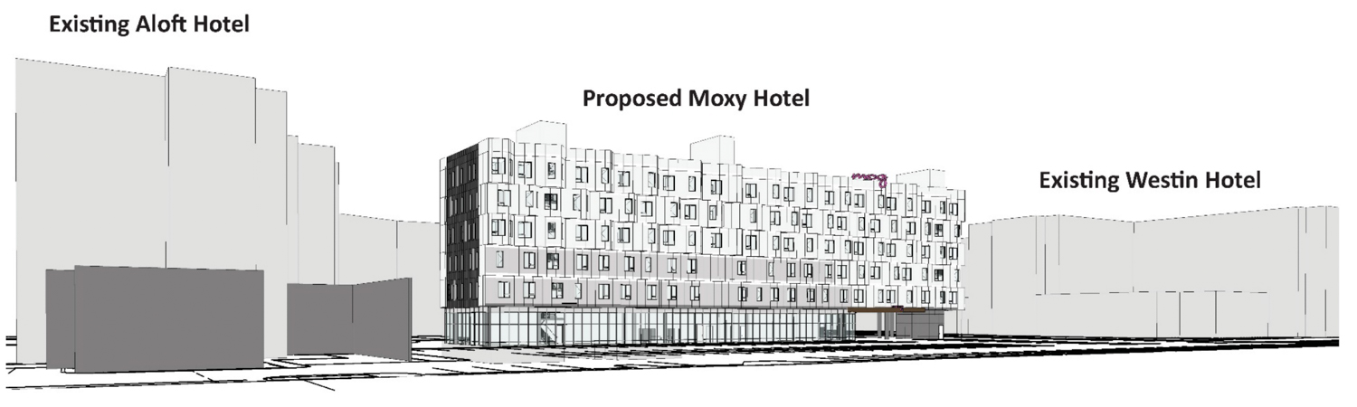 Moxy Hotel at 401 East Millbrae Avenue looking south beside the existing Aloft and Westin hotels, rendering by BDE Architecture
