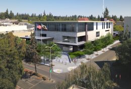 Palo Alto Public Safety Building aerial view, rendering by Ross Drulis Cusenbery Architecture