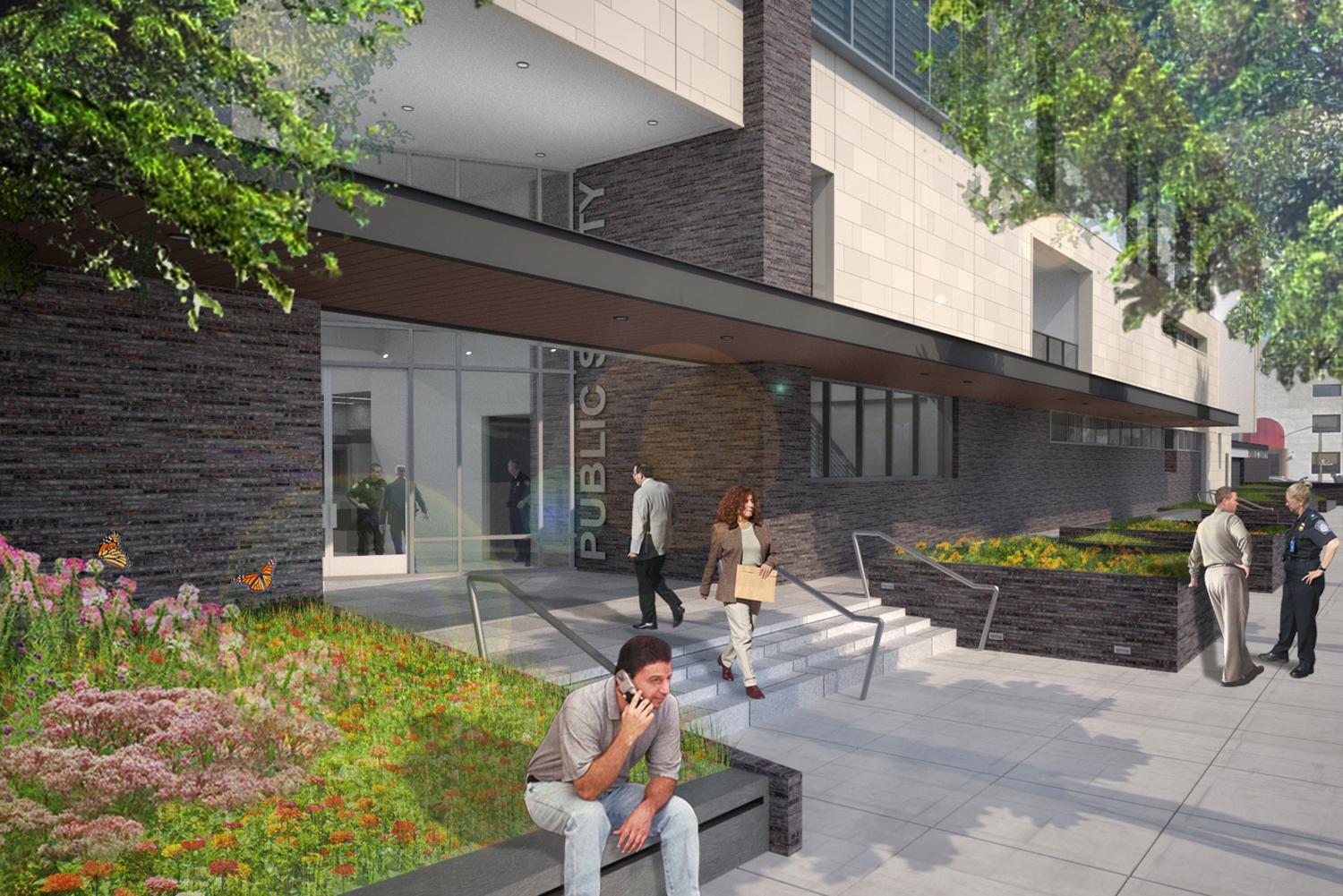 Palo Alto Public Safety Building entry, rendering by Ross Drulis Cusenbery Architecture