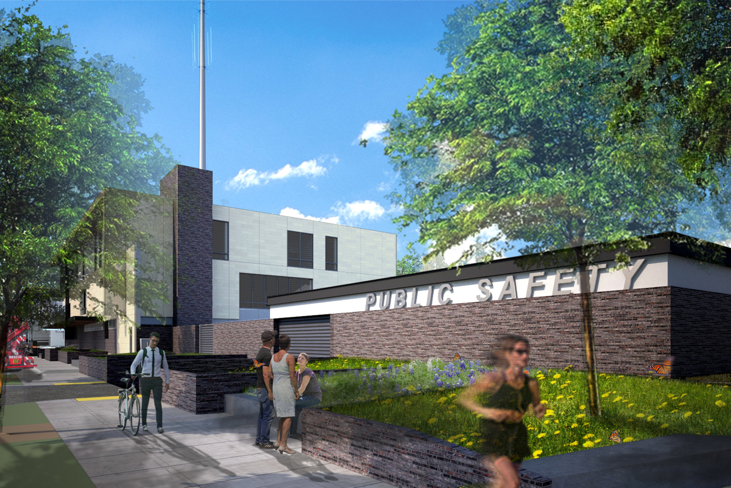 Palo Alto Public Safety Building exterior landscaped area, rendering by Ross Drulis Cusenbery Architecture