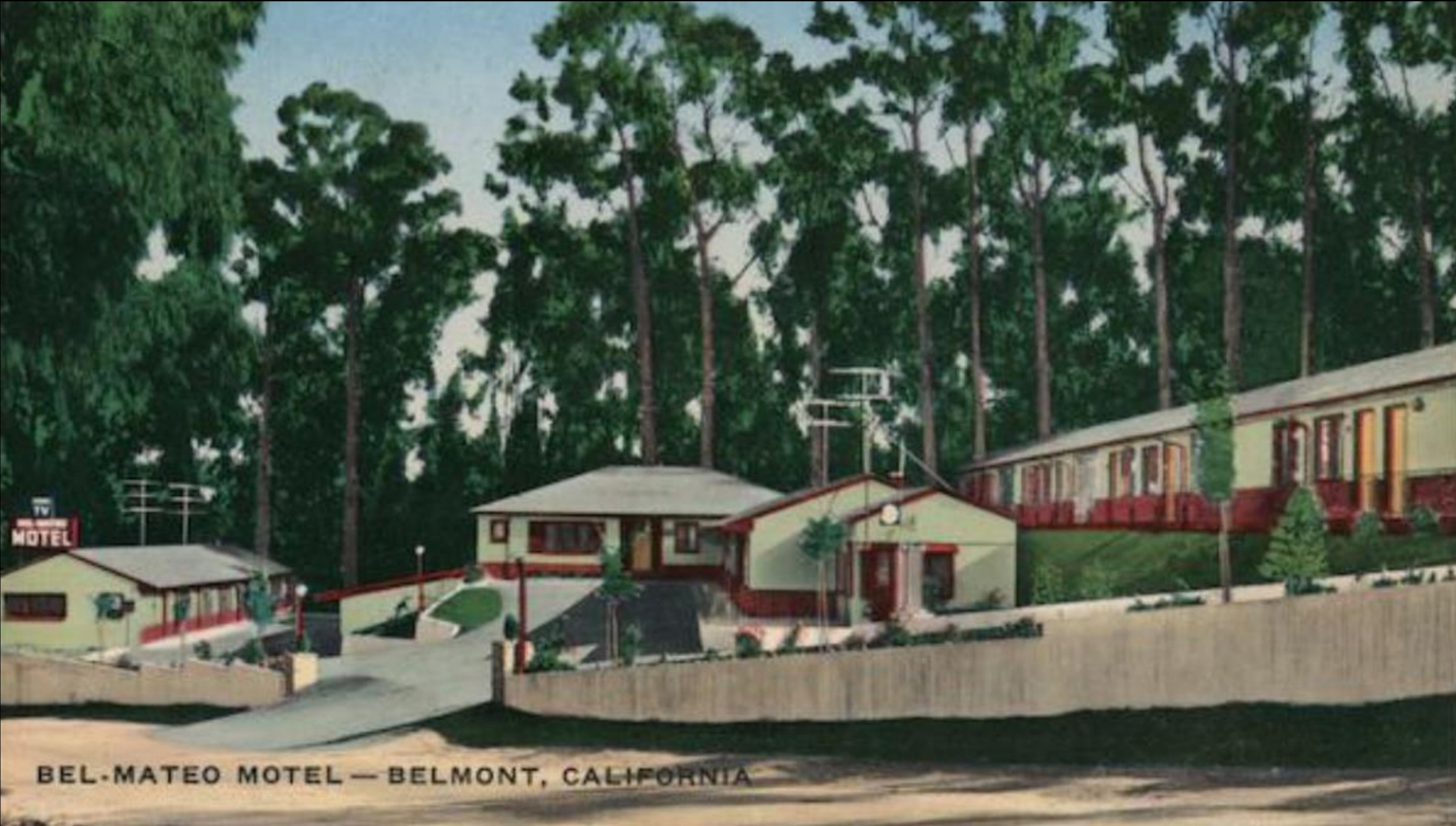 Postcard image of the Bel-Mateo Motel, image via EIR circa 1955