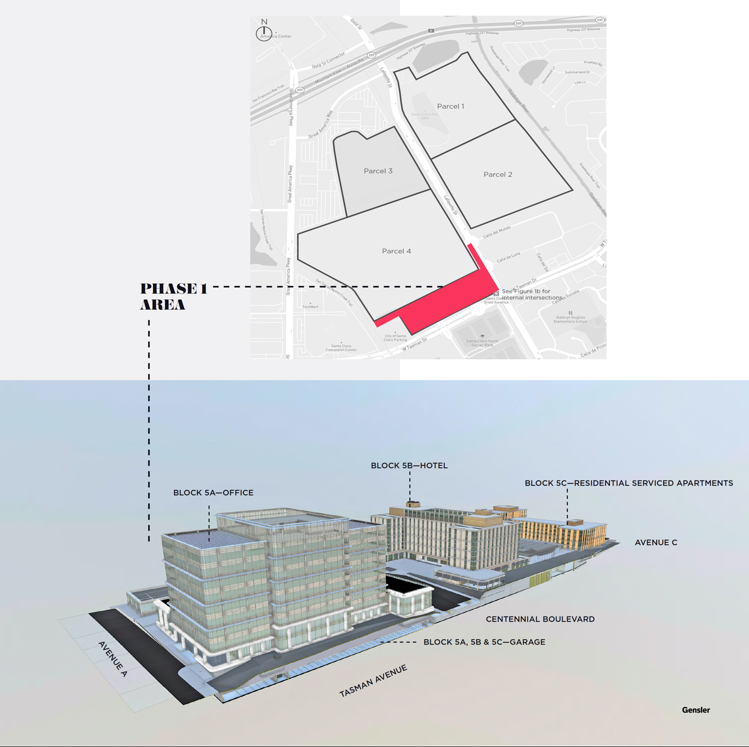 Related Santa Clara Block 5 elevation and overall site map, rendering via Gensler design by Foster and Partners