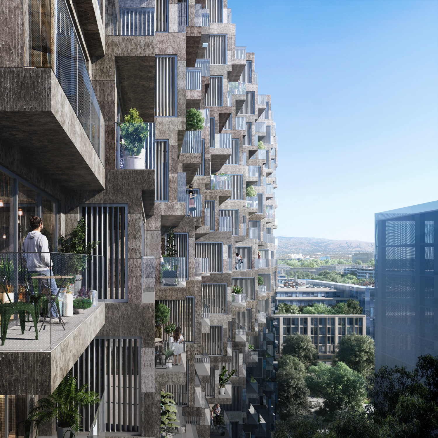 Terraine at 201 West Julian Street perspective highlighting the private balconies, design by Studio Gang, rendering by Aesthetica Studio