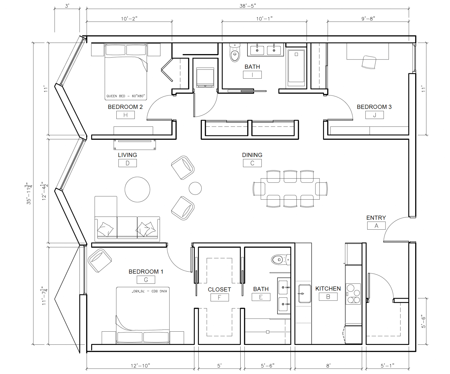 Typical three-bedroom floor plan in 67 Belcher Street, design by Stanley Saitowitz | Natoma Architects
