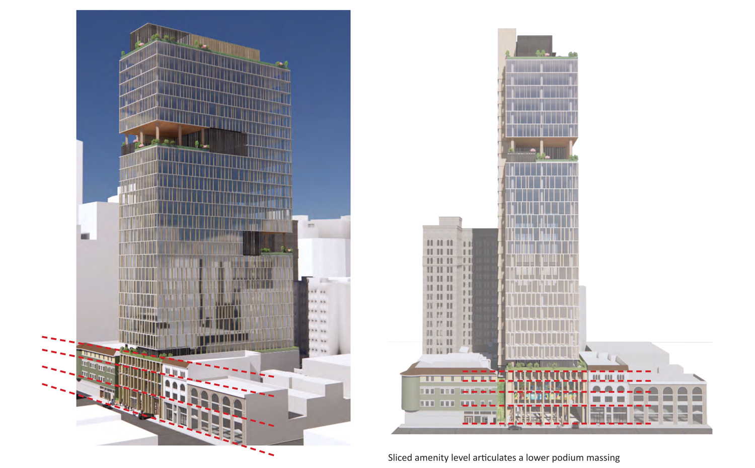 1431 Franklin Street office design, showcasing how the podium aligns with neighboring buildings, rendering by Large Architecture