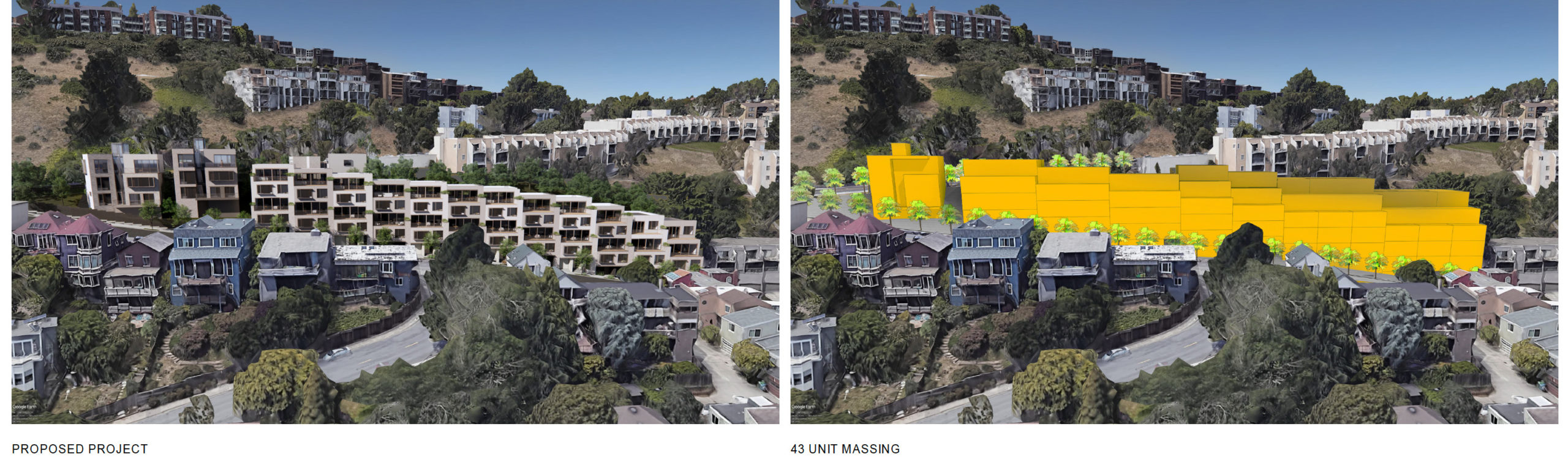 1900 Diamond Street aerial perspective side-by-side of the proposed project and a 43-unit massing suggested by City staff, rendering by Solomon Cordwell Buenz