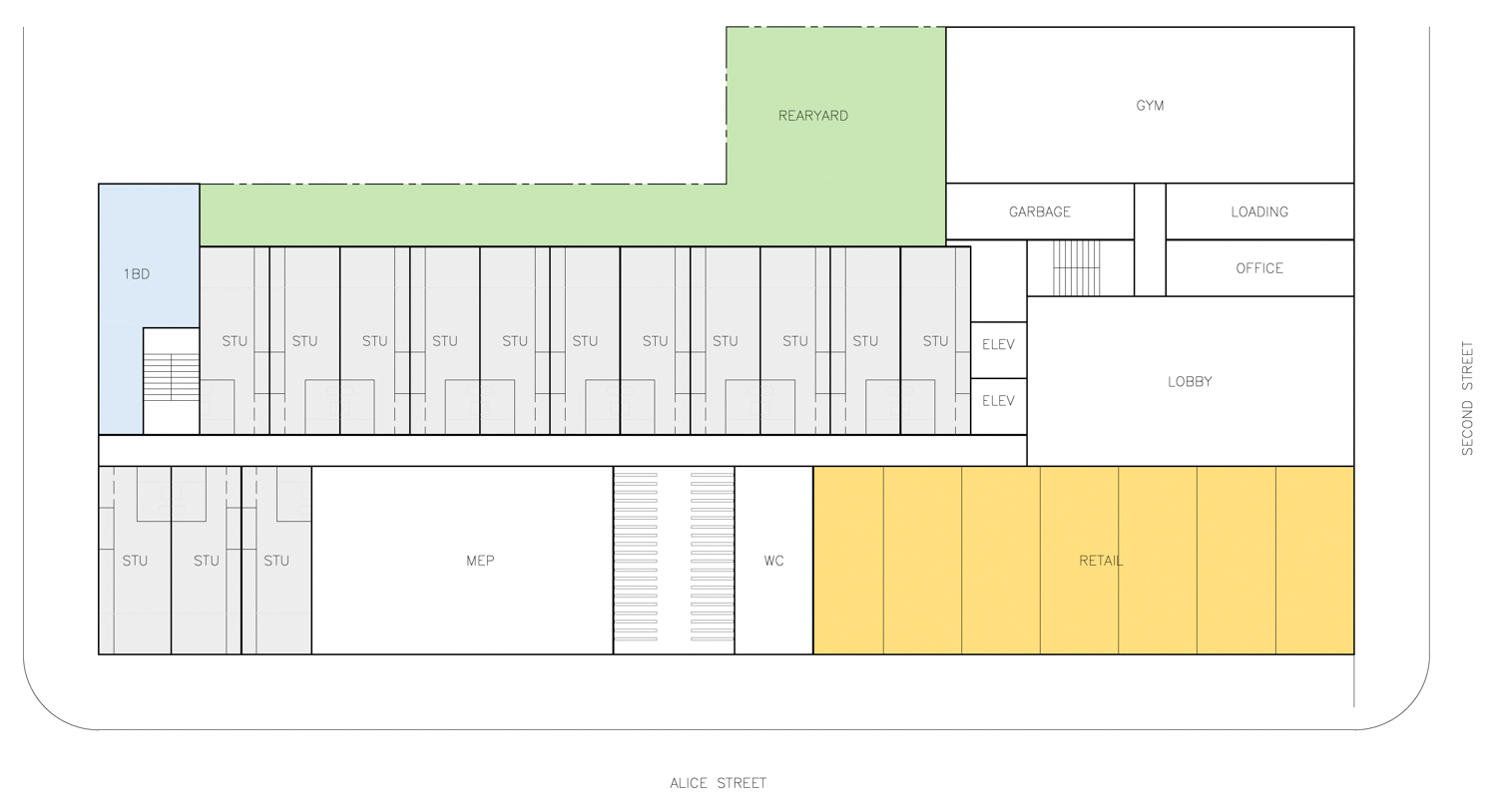 200-220 Alice Street ground-level floor plan, illustration by Stanley Saitowitz | Natoma Architects