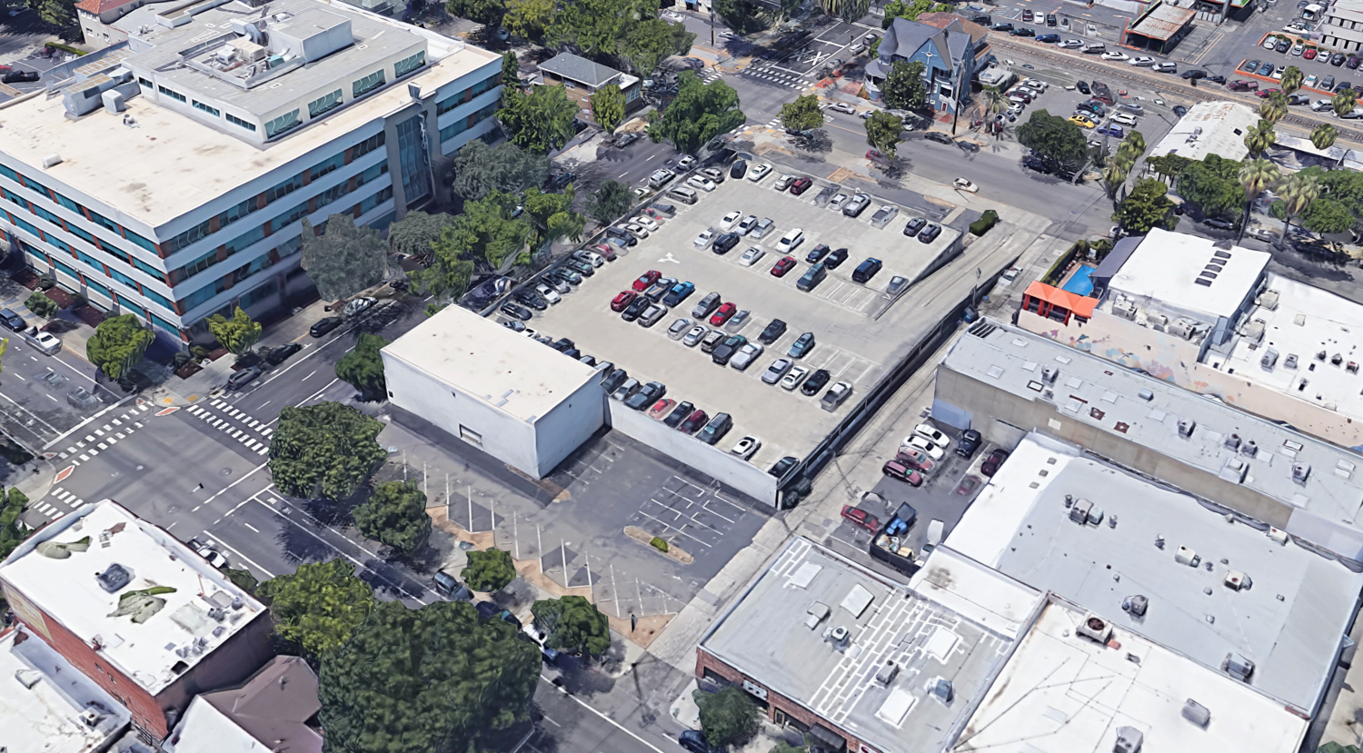 2025 L Street existing parking garage, aerial view from Google Satellite