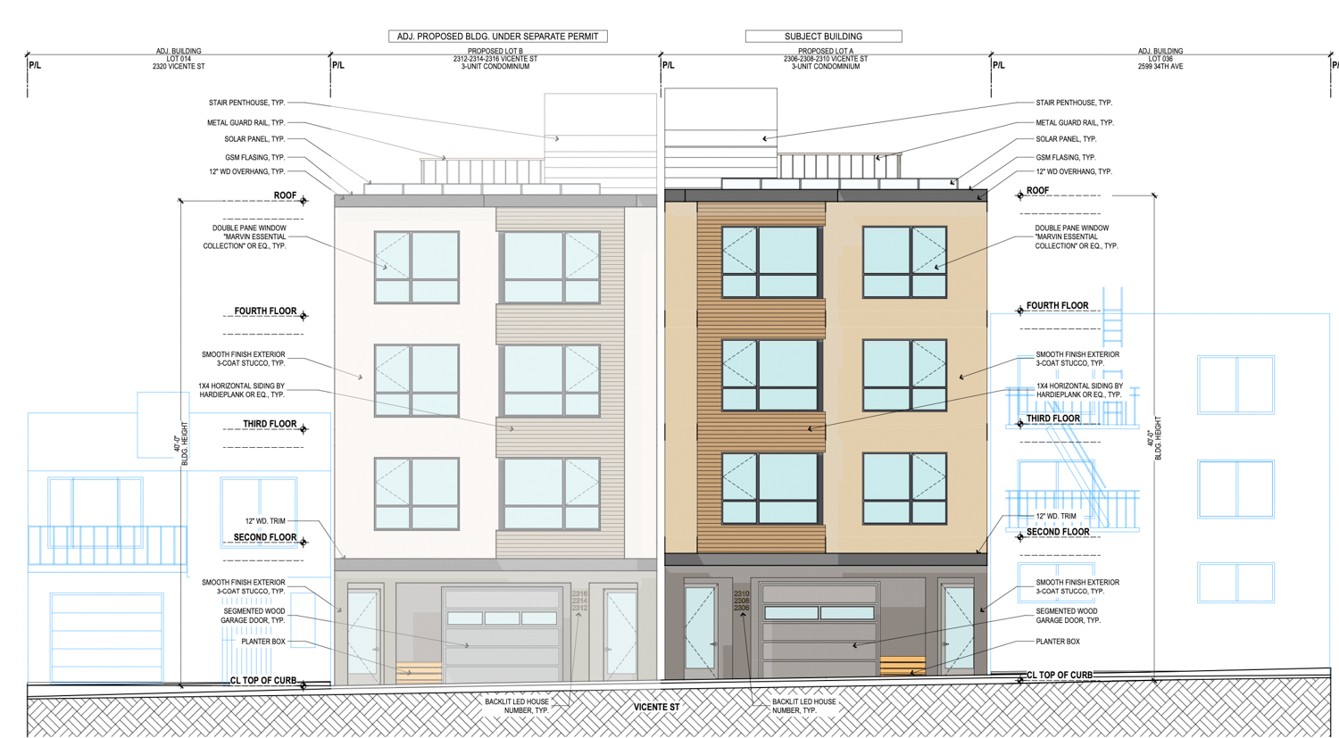 2306-2316 Vicente Street building A and B facade elevations, rendering by Schaub Ly Architects