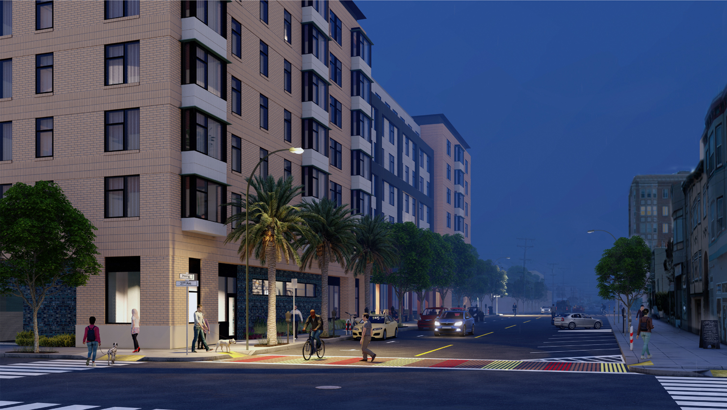 2550 Irving Street at dusk, rendering by Pyatok Architects