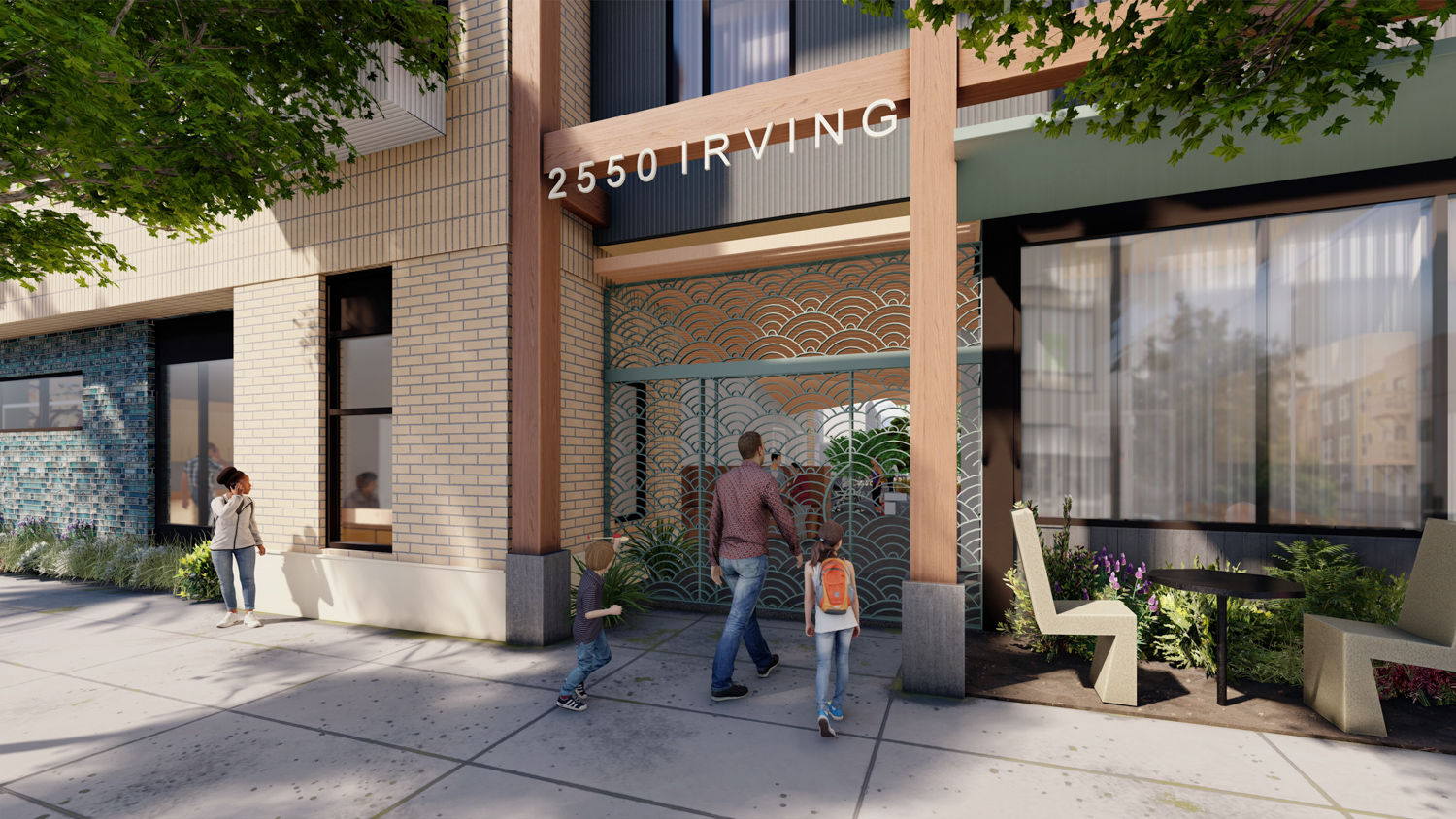 2550 Irving Street entry gate along Irving, rendering by Pyatok Architects