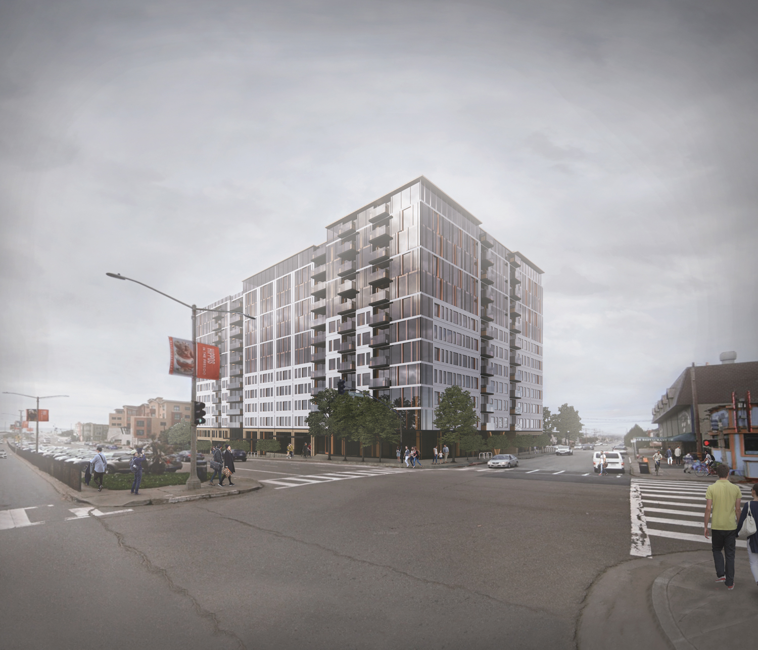 2700 Sloat Boulevard from 45th and Sloat depicted shrouded in fog, rendering by Korb + Associates Architects