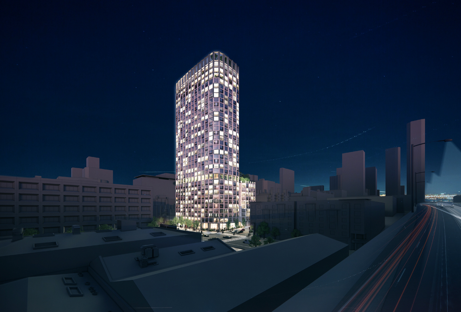395 3rd Street nighttime view, rendering by Henning Larsen