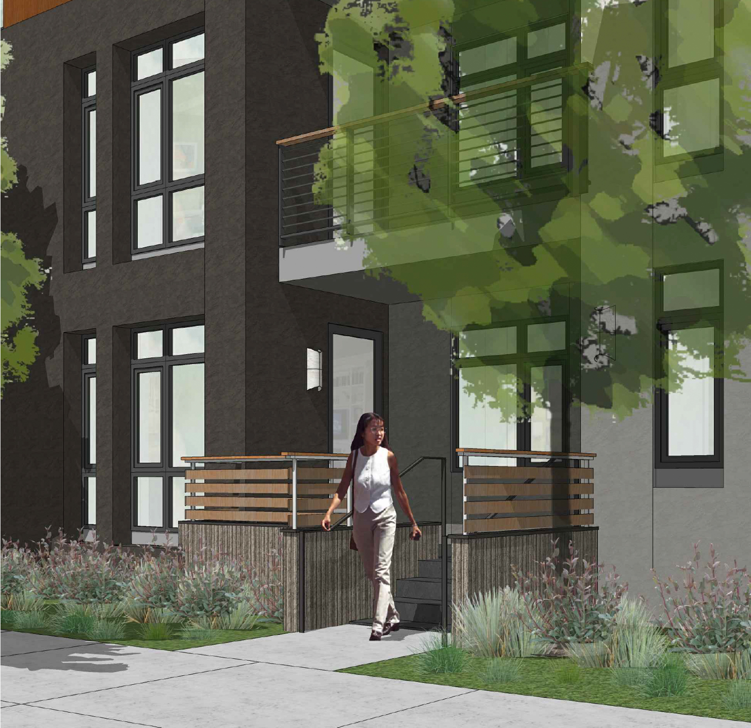 6700 Golden Gate Drive entry stoop for ground-level units, rendering by KTGY Architects