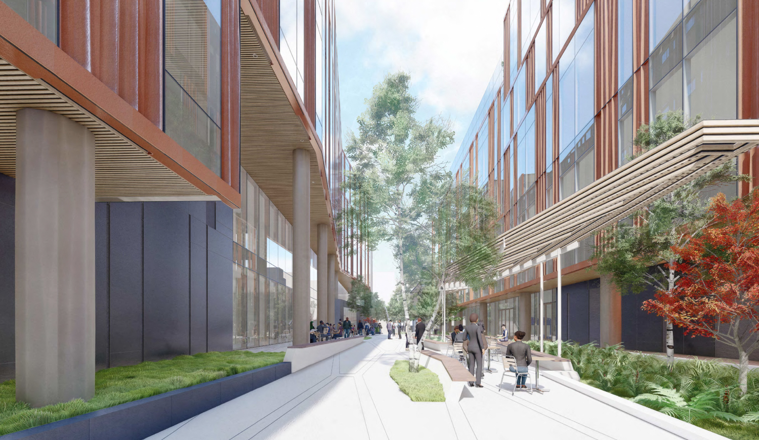 ACLS Millbrae Campus paseo cutting between buildings one and three looking north, rendering by WRNS Studio