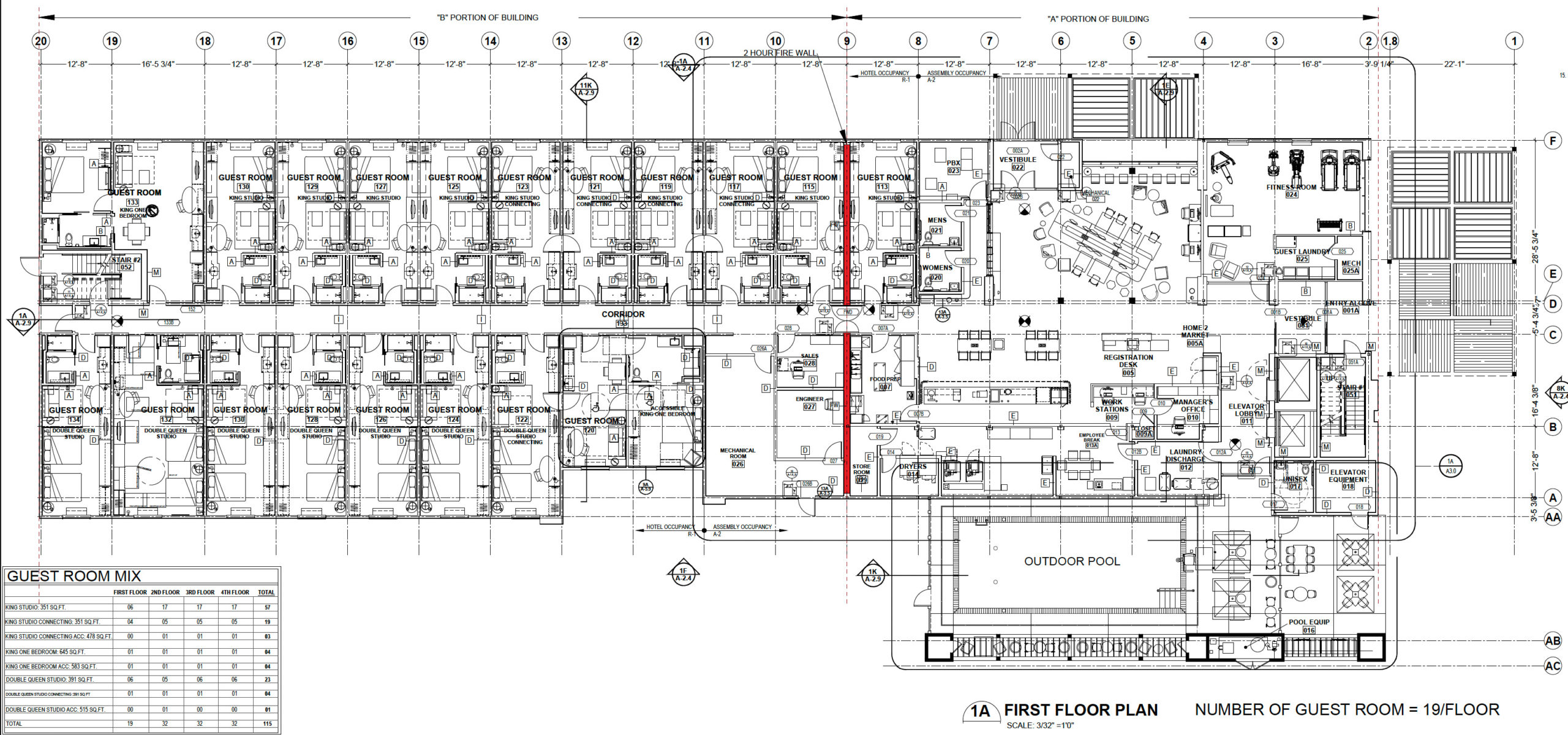 Home2 Suites by Hilton at 2112 Loveridge Road ground-level floor plan, illustration by I & A Architects