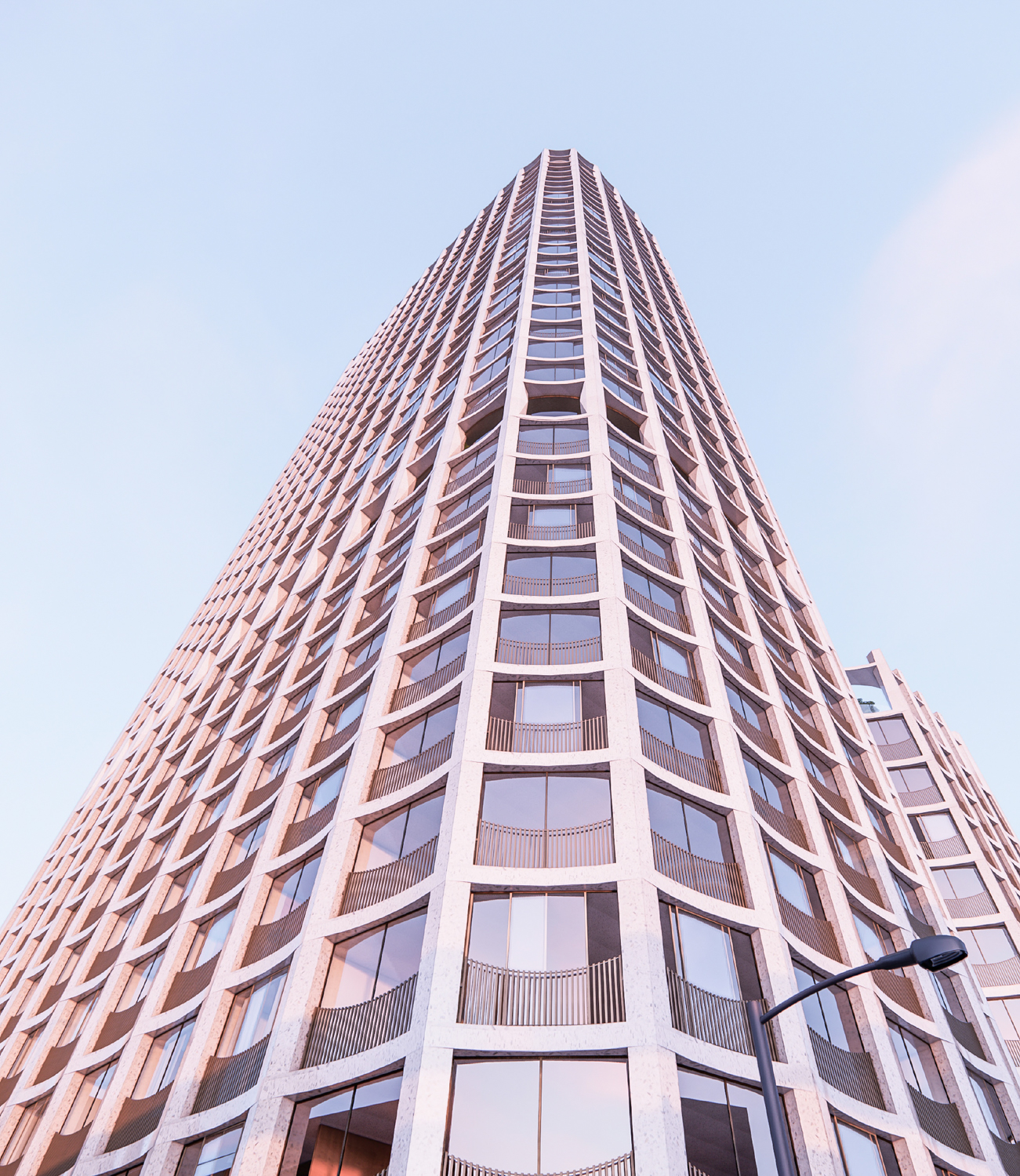 Looking up at 395 3rd Street from the sidewalk, rendering by Henning Larsen