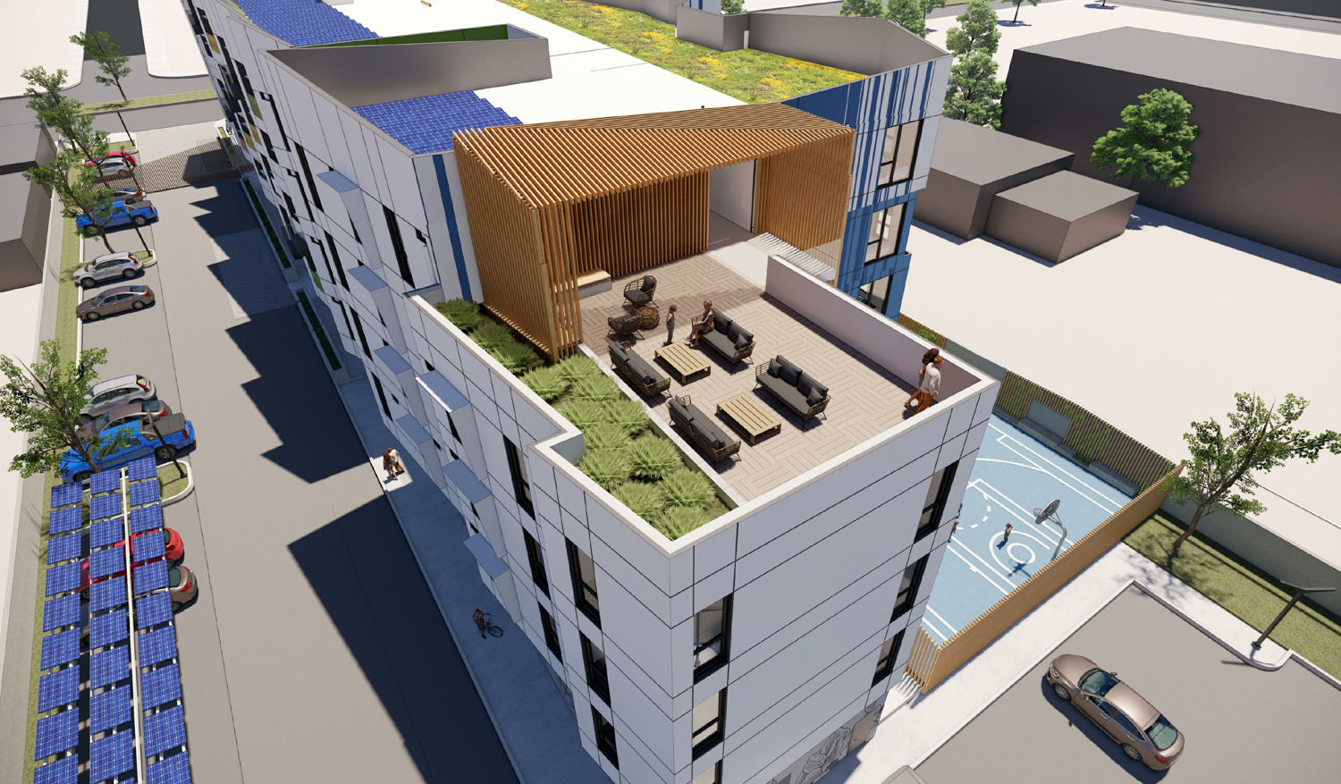 Magnolias Affordable Housing Project aerial view of the residential roof deck amenity and surface parking, rendering by SERA Architects