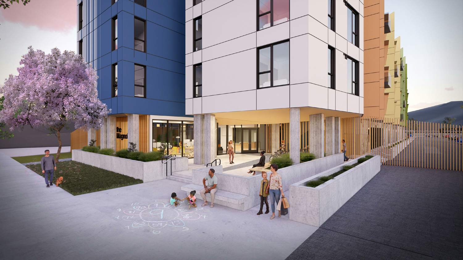 Magnolias Affordable Housing Project entry plaza, rendering by SERA Architects