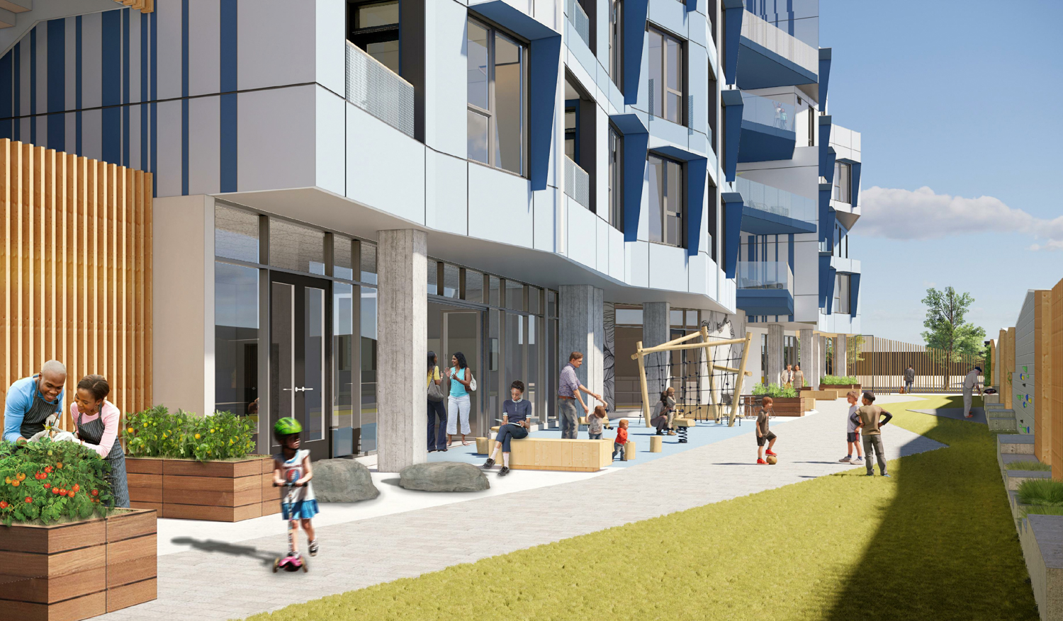Magnolias Affordable Housing Project garden and children's play area, rendering by SERA Architects