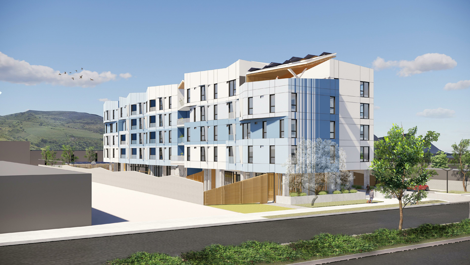 Magnolias Affordable Housing Project view from Monterey Street looking north, rendering by SERA Architects