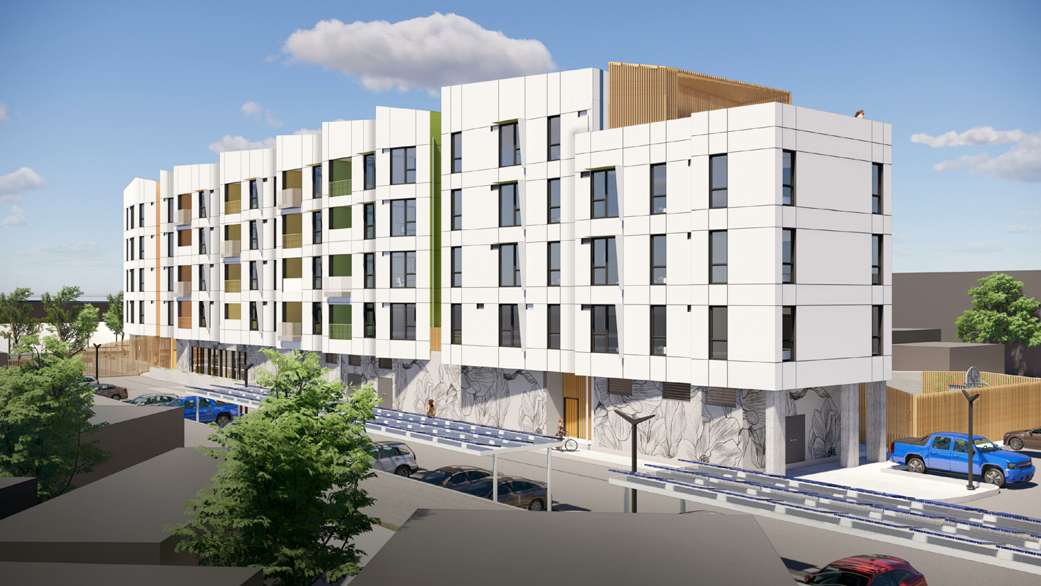 Magnolias Affordable Housing Project view looking south, rendering by SERA Architects