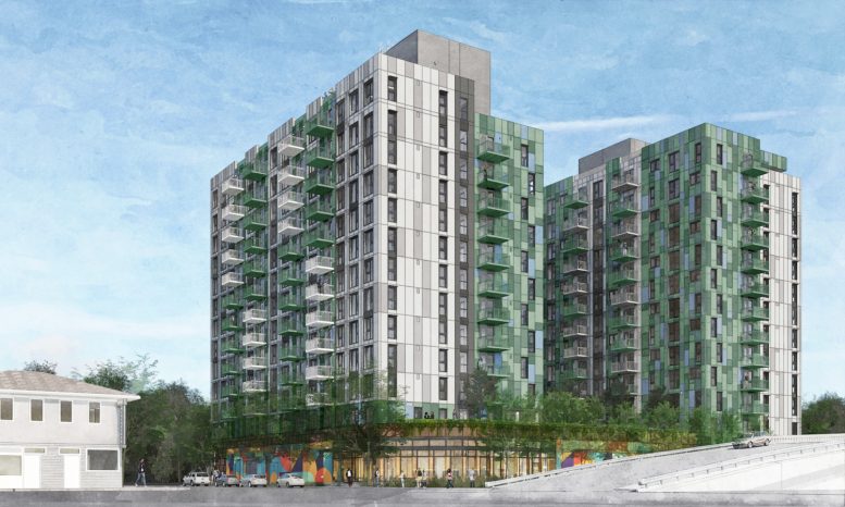 McEvoy-Dupont Affordable Housing corner view, rendering courtesy SERA Architects
