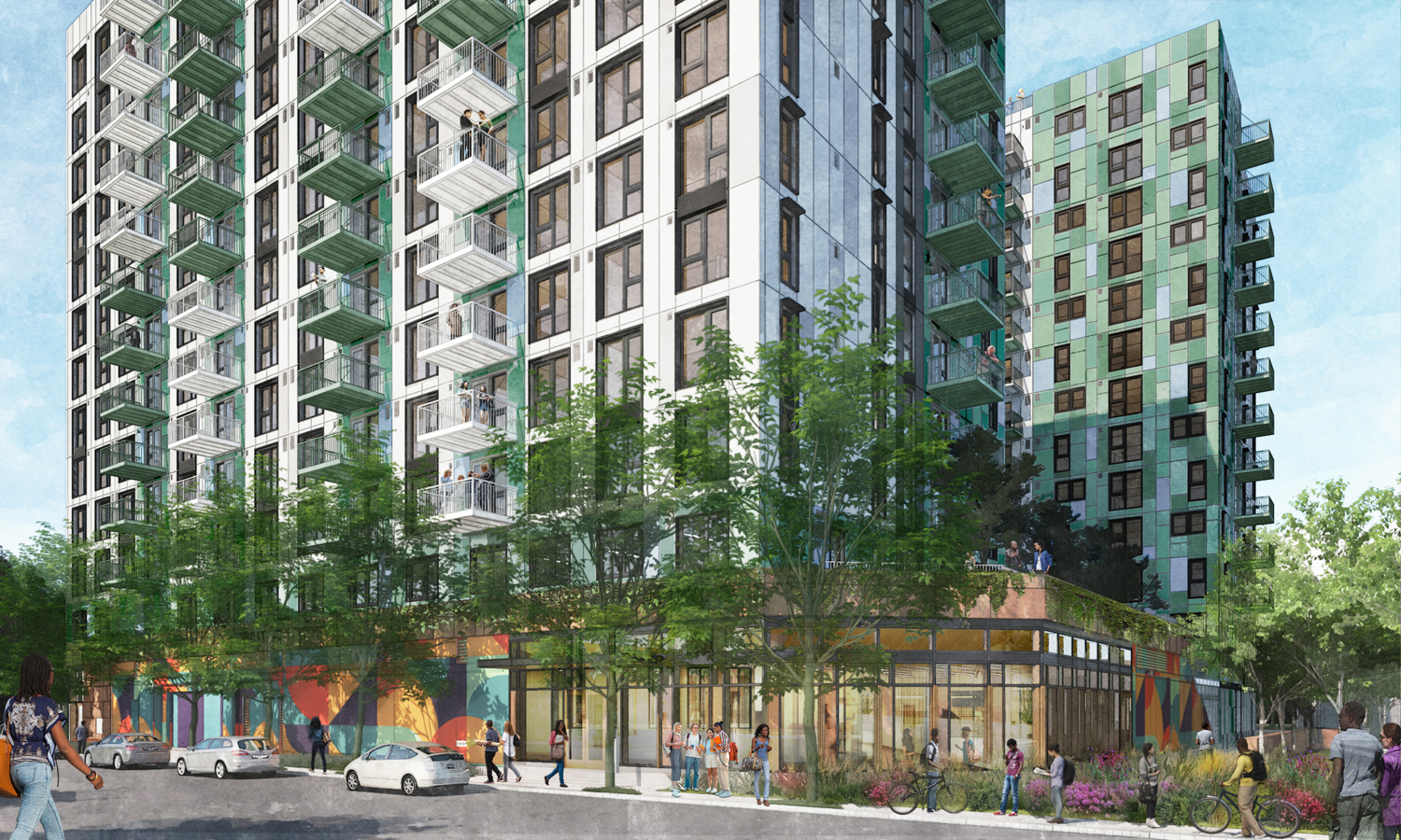 McEvoy-Dupont Affordable Housing corner view showcasing retail, rendering courtesy SERA Architects