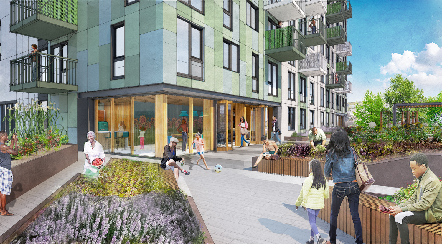 McEvoy-Dupont Affordable Housing gardens, rendering courtesy SERA Architects