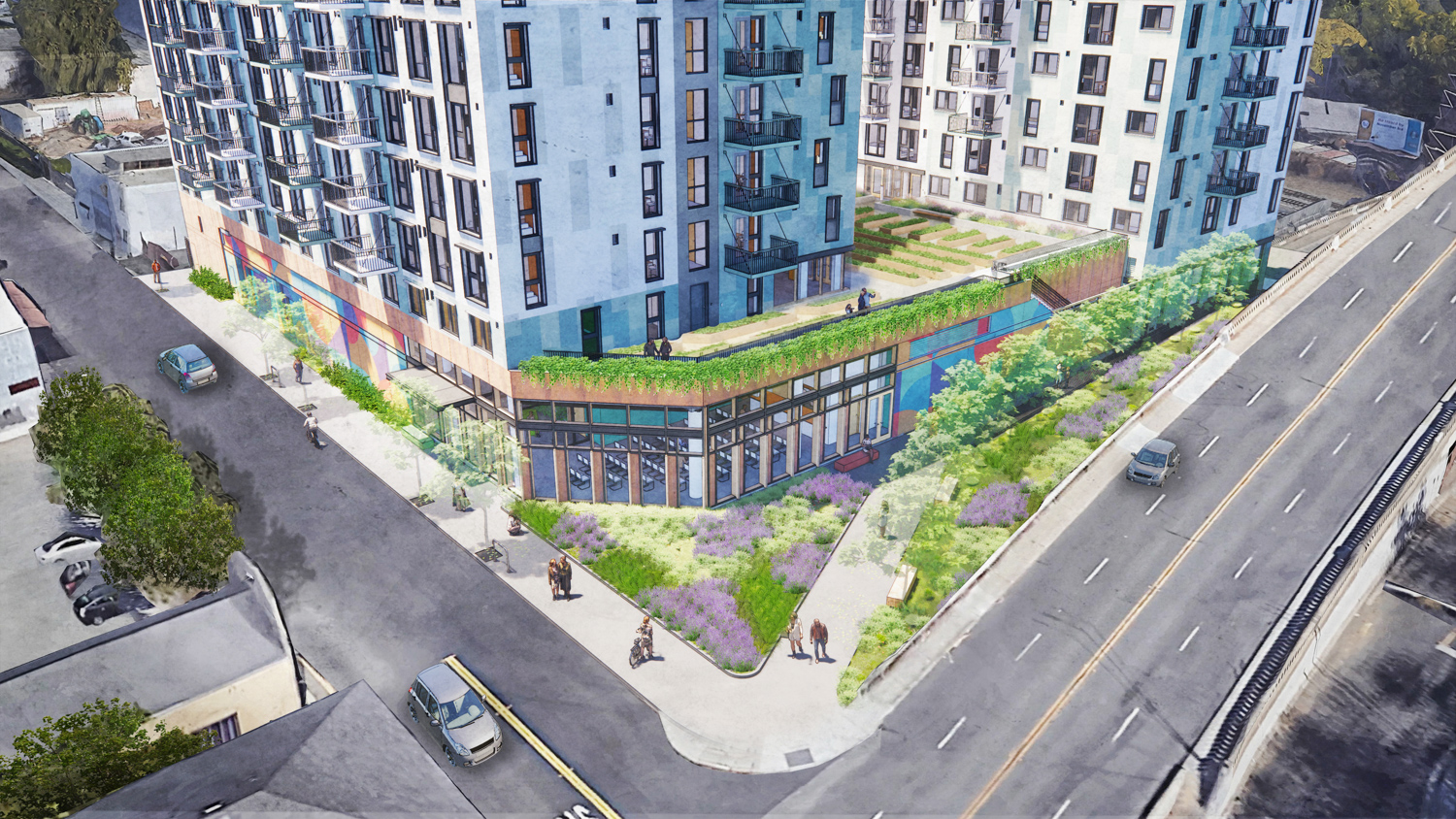 McEvoy-Dupont Affordable Housing low corner aerial view, rendering courtesy SERA Architects