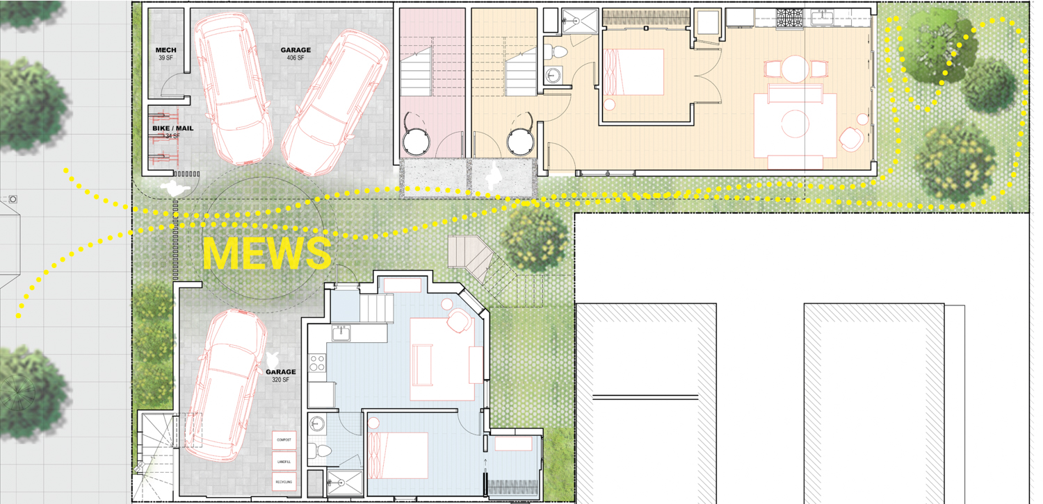 Mews separating 2471 and 2477 Washington Street, rendering by Jensen Architects