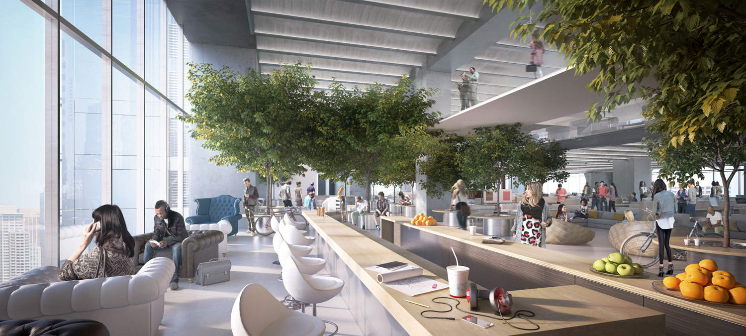Oceanwide Center office amenity lounge, rendering of design by Foster and Partners