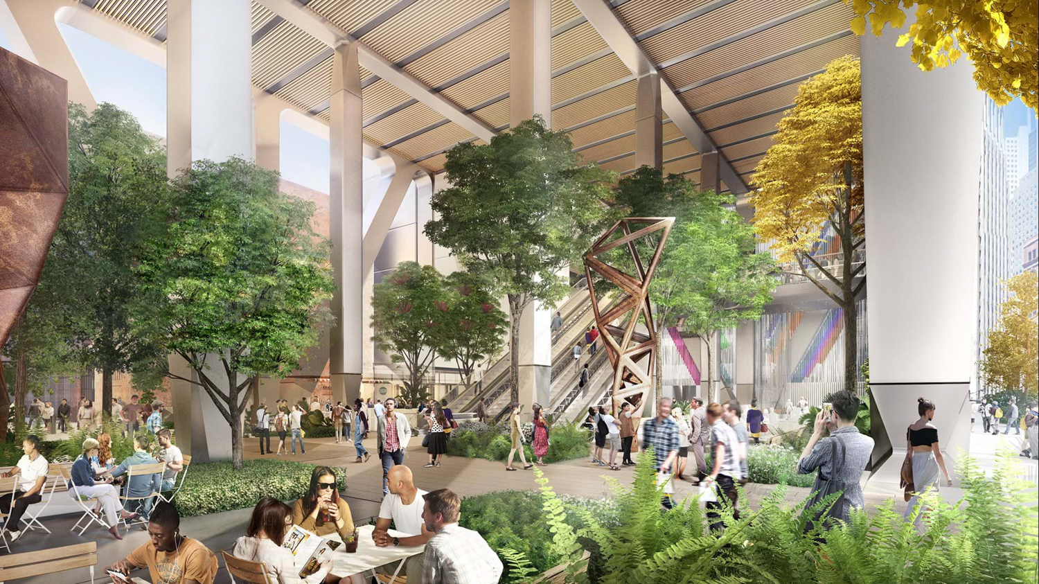 Oceanwide Center public plaza with seating, trees, and sculptures, rendering of design by Foster and Partners